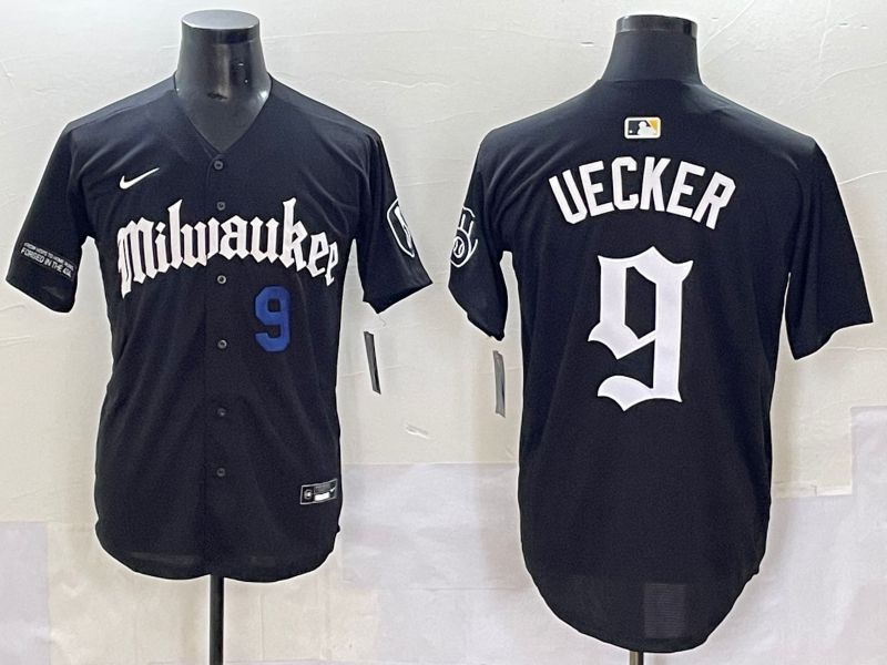 Men 2025 Milwaukee Brewers #9 Uecker Black Five generations Joint Name Nike MLB Jersey style 6->new york mets->MLB Jersey